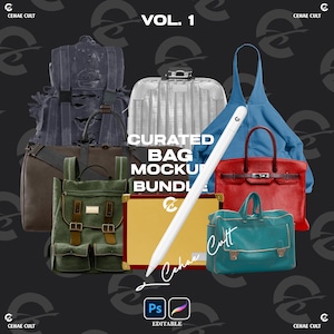 May include: A digital collection of various bags including a distressed black backpack, a silver suitcase, a red handbag, a green canvas backpack, and a teal briefcase. A white stylus is positioned diagonally across the center with text reading VOL. 1 CURATED BAG MOCKUP BUNDLE.