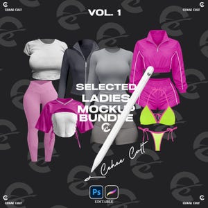 Puede incluir: Un paquete de maquetas digitales con varias prendas, incluyendo una camiseta blanca, una chaqueta gris oscuro con cremallera, una camiseta gris de manga larga, una chaqueta rosa con cremallera y pantalones cortos, y un bikini amarillo neón. Texto: VOL. 1 SELECTED LADIES MOCKUP BUNDLE.