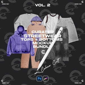 Può includere: Una collezione di capi streetwear, tra cui felpe con cappuccio, felpe e pantaloni, in vari colori. L'immagine presenta il testo "CURATED STREETWEAR TOPS + BOTTOMS MOCKUP BUNDLE" e il marchio "CEHAE CULT". È presente anche uno stilo.