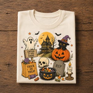 Peut inclure: Un t-shirt crème avec un motif d'Halloween représentant un fantôme, une maison hantée, un chat noir avec un chapeau violet sur une citrouille, un crâne, une pierre tombale marquée RIP, une bougie et un sac marqué TRICK OR TREAT et ENTER IF YOU DARE.