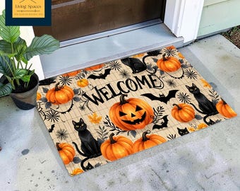 Felpudo de bienvenida de Halloween, decoración de puerta con calabaza espeluznante y gato negro, alfombra de otoño.