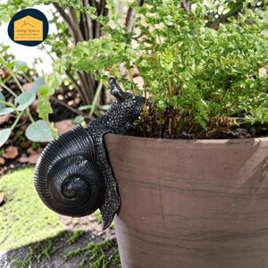 Könnte beinhalten: Ein schwarzes, schneckenförmiges Gartenornament hängt am Rand eines braunen Blumentopfs aus Terrakotta. Die Schnecke hat ein strukturiertes Gehäuse und befindet sich in der Nähe von grünem Laub. Das Ornament verleiht dem Garten einen skurrilen Touch.
