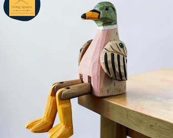 Handmade Wooden Mallard Duck Figurine with Movable Legs, Hand Carved Duck Statue, Unique Shelf Sitter Decor, Rustic Animal Sculpture