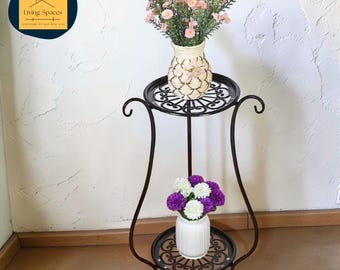European Style 2-Tier Metal Plant Stand, Wrought Iron Flower Rack, Indoor Outdoor Patio Decor
