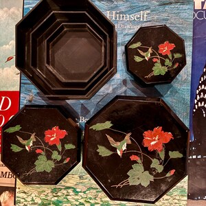 Vintage Japanese Art Deco Stackable Trinket Box Set of 3 – Hummingbird Floral, Made in Japan