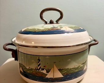 Coastal Breeze 2 Quart Metal Stew Pot mit Kunstwerken des Volkskünstlers Warren Kimble, hergestellt von Sakura in den Jahren 2000–2003