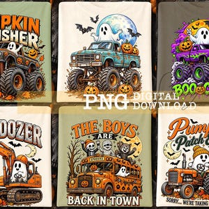 Puede incluir: Seis camisetas con gr&aacute;ficos de tem&aacute;tica de Halloween: un cami&oacute;n monstruo con un fantasma y calabazas, un cami&oacute;n con un fantasma y la luna, un cami&oacute;n monstruo morado con un fantasma, una excavadora, un autob&uacute;s escolar y un tractor con un fantasma.