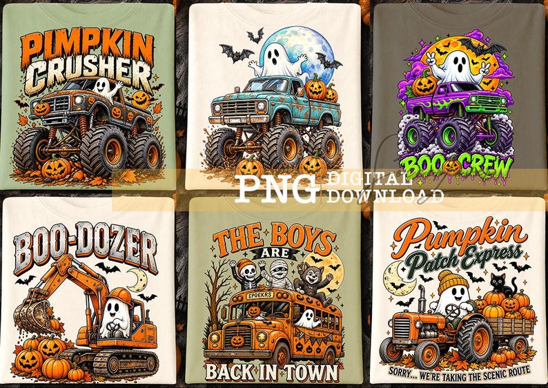 Puede incluir: Seis camisetas con gr&aacute;ficos de tem&aacute;tica de Halloween: un cami&oacute;n monstruo con un fantasma y calabazas, un cami&oacute;n con un fantasma y la luna, un cami&oacute;n monstruo morado con un fantasma, una excavadora, un autob&uacute;s escolar y un tractor con un fantasma.