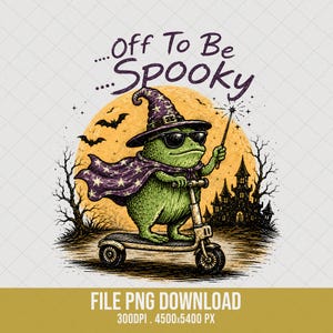 Op de afbeelding: Een groene kikker met een paarse tovenaarshoed en cape met sterren, zonnebril en toverstaf op een step. Op de achtergrond een grote gele maan, een donker kasteel en vleermuizen. De tekst luidt: Off To Be Spooky.