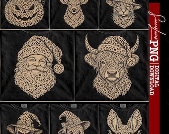 Halloween- en kerstfiguren met luipaardprint PNG-bundel, vintage Halloween- en kerstfiguren, kerstman, spook, pompoen, Schotse hooglandkoe
