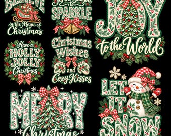 Bundel met kerstcitaten in PNG-formaat, 7 vintage ontwerpen met hulst- en ruitjesstrikken, Vrolijk Kerstmis