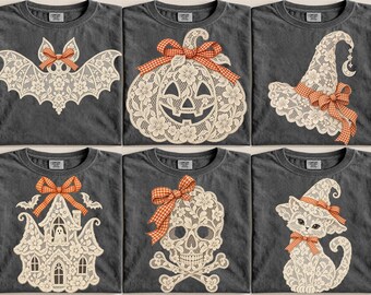 Kanten Halloween PNG-bundel, retro Coquette-ontwerpen met oranje ruitjesstrikken, vleermuis, pompoen, heksenhoed, spookhuis, schedel en kat PNG
