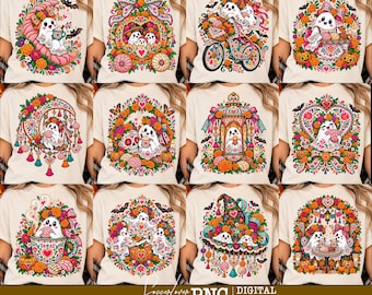 Dia de los Muertos PNG-bundel, Halloween-spookclipart, Mexicaans volkskunstontwerp, bloemenspook PNG-bundel, 12 Mexicaanse volkskunst Halloween