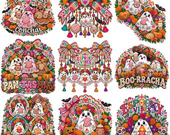 Dia de los Muertos PNG-bundel, Mexicaanse Halloween-spook PNG-bundel, bloemen- en volkskunstontwerpen met conchas en griezelige citaten, digitale png