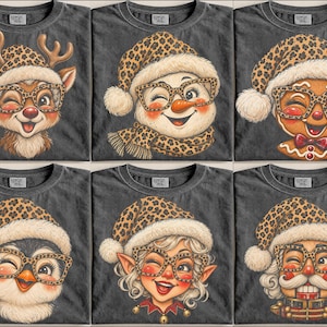 Pacchetto PNG di personaggi natalizi leopardati, cappello e occhiali ghepardo effetto grunge sbiadito PNG, Babbo Natale, renna, pupazzo di neve, pan di zenzero, pinguino, elfo, schiaccianoci PNG