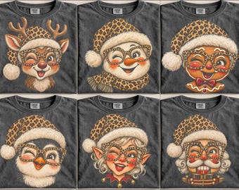 Bundel met PNG-afbeeldingen van kerstfiguren met luipaardprint, cheetahhoed met bril, verweerde en vervaagde PNG-afbeeldingen, kerstman, rendier, sneeuwpop, peperkoekman, pinguïn, elf en notenkraker PNG-afbeeldingen