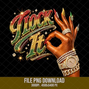 Puede incluir: Un gráfico digital con el texto "FLOCK IT" en una fuente estilizada y enjoyada con acentos rojos, amarillos y verdes. Junto al texto hay una mano con uñas largas, puntiagudas y decoradas, que lleva un reloj y varias pulseras.