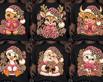 Roze Luipaard Kerstfiguren PNG Bundel, Coquette Kerstman Rendier Schotse Hooglandkoe Peperkoek Sneeuwpop Eend PNG