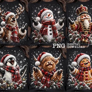 May include: A black t-shirt featuring six distinct Christmas-themed graphic prints: a reindeer, a snowman, a nutcracker, a penguin, a highland cow, and a gingerbread person. Each character wears a red Santa hat and a red plaid scarf amidst snowflakes.