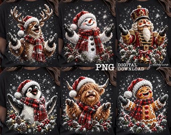 Retro kerstsneeuw PNG-bundel, schattige rendier, sneeuwpop, pinguïn, notenkraker, peperkoek, Schotse hooglandkoe, kerst-PNG, wintervakantie sublimatie