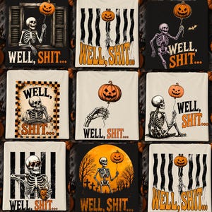 Puede incluir: Una colección de nueve camisetas con gráficos de esqueletos, globos de calabaza y el texto "WELL, SHIT..." en naranja. Los diseños incluyen varios fondos como ventanas, rayas, patrones de cuadros y escenas de cementerios en negro, blanco y naranja.