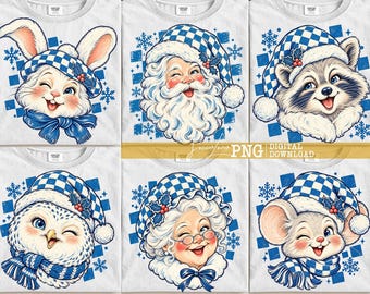 Blauwe kerst PNG-bundel, vintage kerstman- en winterfiguren met geruite mutsen, leuke sublimatie-download voor de feestdagen