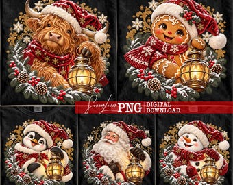 Kerstlantaarnpakket, 5 ontwerpen met Schotse hooglandkoe, peperkoekmannetje, pinguïn, kerstman en sneeuwpop, inclusief digitale download voor een kerstshirt.