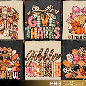 May include: A collection of six t-shirts featuring Thanksgiving-themed graphic prints. Designs include turkeys with leopard print bows and sunglasses, pumpkins, autumn leaves, and text reading Give Thanks, Thankful, and Gobble Gobble.