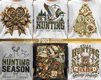 Retro jacht PNG-bundel, jachtseizoen PNG, eenden, herten, kalkoenen, vissen PNG, camouflage jachtmeisje met boog, sublimatie shirtontwerpen voor jagers