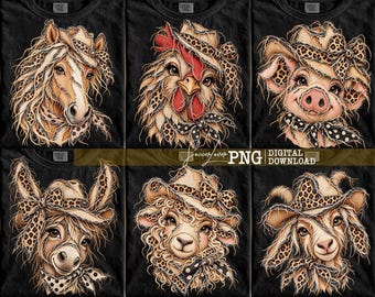 Gescheurde stof, western boerderijdieren PNG-bundel, 6 neppe jute cowgirls met luipaardhoeden, paard, kip, varken, ezel, schaap, geit, trendy western