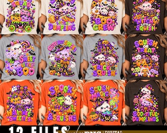 Kawaii spookje en dumpling Halloween squishy PNG-bundel, Kawaii spookje png, dumpling-ontwerpen, schattige griezelige shirt-afbeeldingen, digitale download