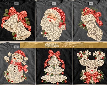 Bundel met PNG-afbeeldingen van kerstfiguren van kant, vintage vakantieontwerpen met rode ruitjesstrikken: kerstman, sneeuwpop, rendier, kerstboom, bellen en kerstsok.