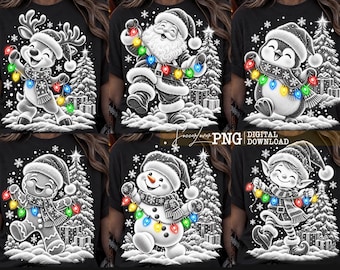 Kerstverlichting PNG-bundel, schattige kerstfiguren: Kerstman, rendier, pinguïn, peperkoekmannetje, sneeuwpop en elf, sublimatie download
