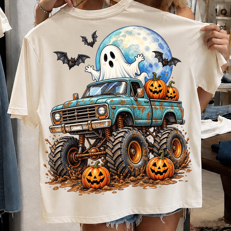Puede incluir: Una camiseta de color crema con un estampado gr&aacute;fico de un cami&oacute;n monstruo de color azul cerceta con neum&aacute;ticos grandes, un fantasma blanco y tres calabazas de Halloween. El dise&ntilde;o incluye una luna azul grande y varios murci&eacute;lagos negros.