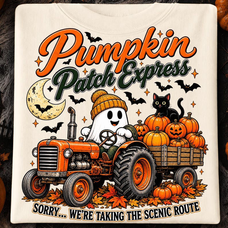 Puede incluir: Una camiseta color crema con un gr&aacute;fico de un fantasma con gorro amarillo conduciendo un tractor naranja que tira de un remolque lleno de calabazas y un gato negro. El texto dice Pumpkin Patch Express y Sorry... we're taking the scenic route.
