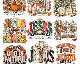 Puede incluir: Una colección de nueve diseños gráficos digitales con temas religiosos y estacionales. Los elementos incluyen calabazas, cruces, lazos, hojas de otoño y textos como God is Faithful, I will praise him in every season y Jesus loves this hotmess.