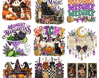 Puede incluir: Una colección de nueve ilustraciones temáticas de Halloween con gatos negros, fantasmas, calabazas, sombreros de bruja, escobas y cartas del tarot. Los diseños incluyen textos como Everyday Magic, Witchy, Midnight Margaritas y A Girl's Gotta Have Options.