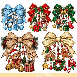 May include: A collection of five decorative Christmas bow illustrations featuring hanging ornaments. Elements include a penguin, a mug, a nutcracker, a gingerbread man, a highland cow, gift boxes, candy canes, and signs with the text Joy and Believe.