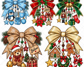 Kerststrik PNG-bundel, Kerstversieringstrik PNG, Coquette kerst PNG, Trendy kersttekeningen PNG, Feestdagen PNG, Kerstsublimatie