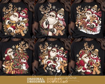 Kerst PNG-bundel met de Kerstman en zijn vrienden (luipaard), grappige ontwerpen van de Kerstman en zijn vrienden met zonnebril, vintage rendier, sneeuwpop en peperkoekmannetje.