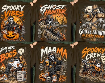 Puede incluir: Una colección de seis camisetas de color marrón oscuro con estampados gráficos de temática de Halloween. Los diseños incluyen un esqueleto sobre una calabaza, un cazafantasmas con rifle, una cruz, un fantasma de camping, un personaje enmascarado y un camión monstruo.