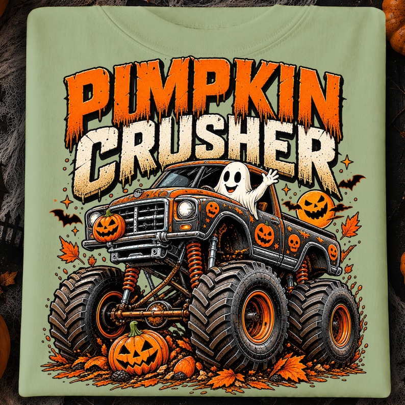 Puede incluir: Una camiseta verde claro con un gr&aacute;fico de un cami&oacute;n monstruo de neum&aacute;ticos grandes, decorado con motivos de calabazas y calaveras naranjas. Un fantasma blanco est&aacute; sentado en el asiento del conductor. El texto PUMPKIN CRUSHER aparece en letras grandes de color naranja y beige desgastadas sobre el cami&oacute;n.