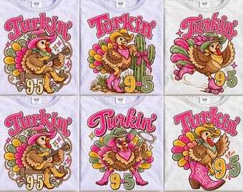 Turkin’ 9-5 PNG-bundel, grappige cowgirl-kalkoen Thanksgiving-ontwerpen, roze westernlaarzen en cowboyhoeden, retro sublimatie digitale download