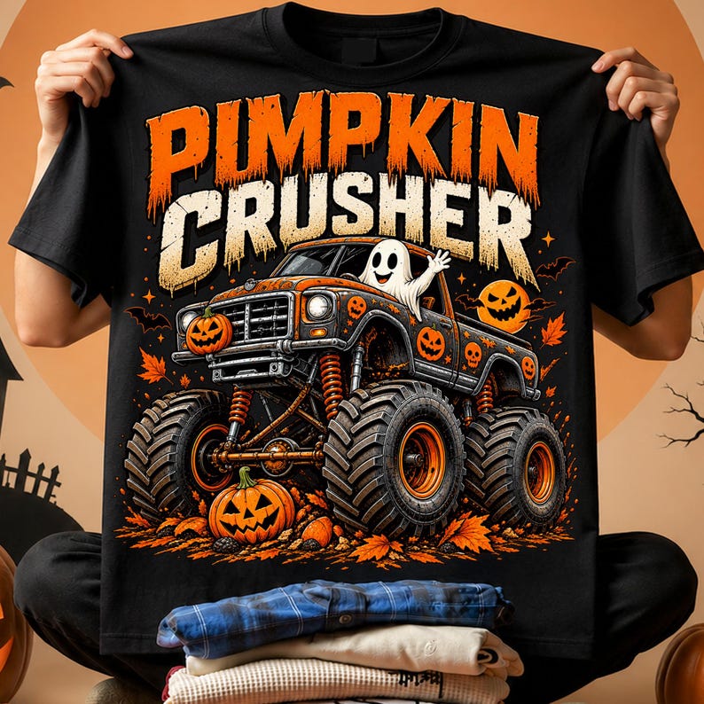 Puede incluir: Una camiseta negra con un gr&aacute;fico de un cami&oacute;n monstruo de neum&aacute;ticos grandes, decorado con calabazas de Halloween naranjas y un fantasma en el asiento del conductor. El texto PUMPKIN CRUSHER aparece en naranja y blanco sobre el cami&oacute;n.