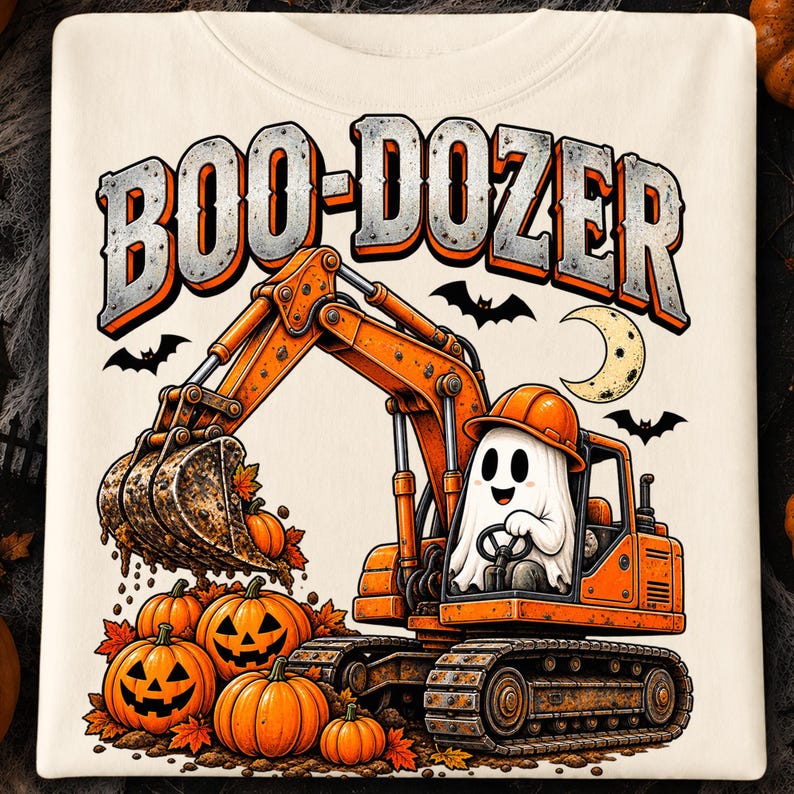 Puede incluir: Una camiseta color crema con un gr&aacute;fico de una excavadora naranja operada por un fantasma blanco con casco naranja. El texto BOO-DOZER aparece arriba en naranja y gris. Debajo, la excavadora recoge calabazas entre hojas de oto&ntilde;o.