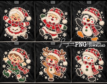 Bundel met kerstfiguren in PNG-formaat, nep-applicatiefiguren met geruite mutsen: Kerstman, Kerstvrouw, Elf, Rendier, Pinguïn, Sneeuwpop, Digitale download