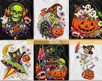 Bundel met PNG-afbeeldingen in Halloween-nostalgie uit de jaren 90, vintage Halloween-collage PNG, retro griezelig seizoensontwerp, heksenschedel, kat en spook PNG, Halloween-bundel