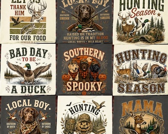 Puede incluir: Una colección de nueve camisetas con estampados gráficos de temas de caza, incluyendo ciervos, patos, perros y calabazas. El texto incluye frases como Let Us Thank Him For Our Food, Local Boy, Hunting Season, Bad Day To Be A Duck y Mama.