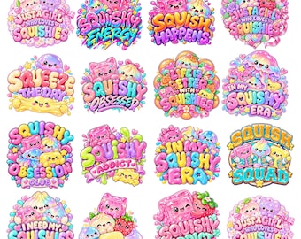 Kawaii Dumpling PNG-bundel, schattige Bao Bun-clipart, pastelkleurige voedselfiguren, squishy PNG-bundel, 16 Kawaii squishies en grappige quote-ontwerpen