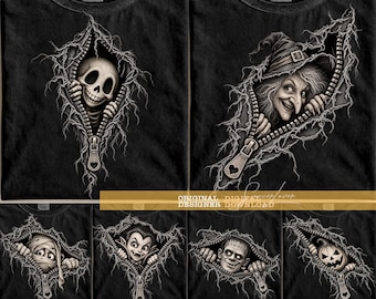 Halloween-rits PNG-bundel, glurende monsterontwerpen, skelet, heks, mummie, vampier, Frankenstein en pompoen, gotische 3D-illusie